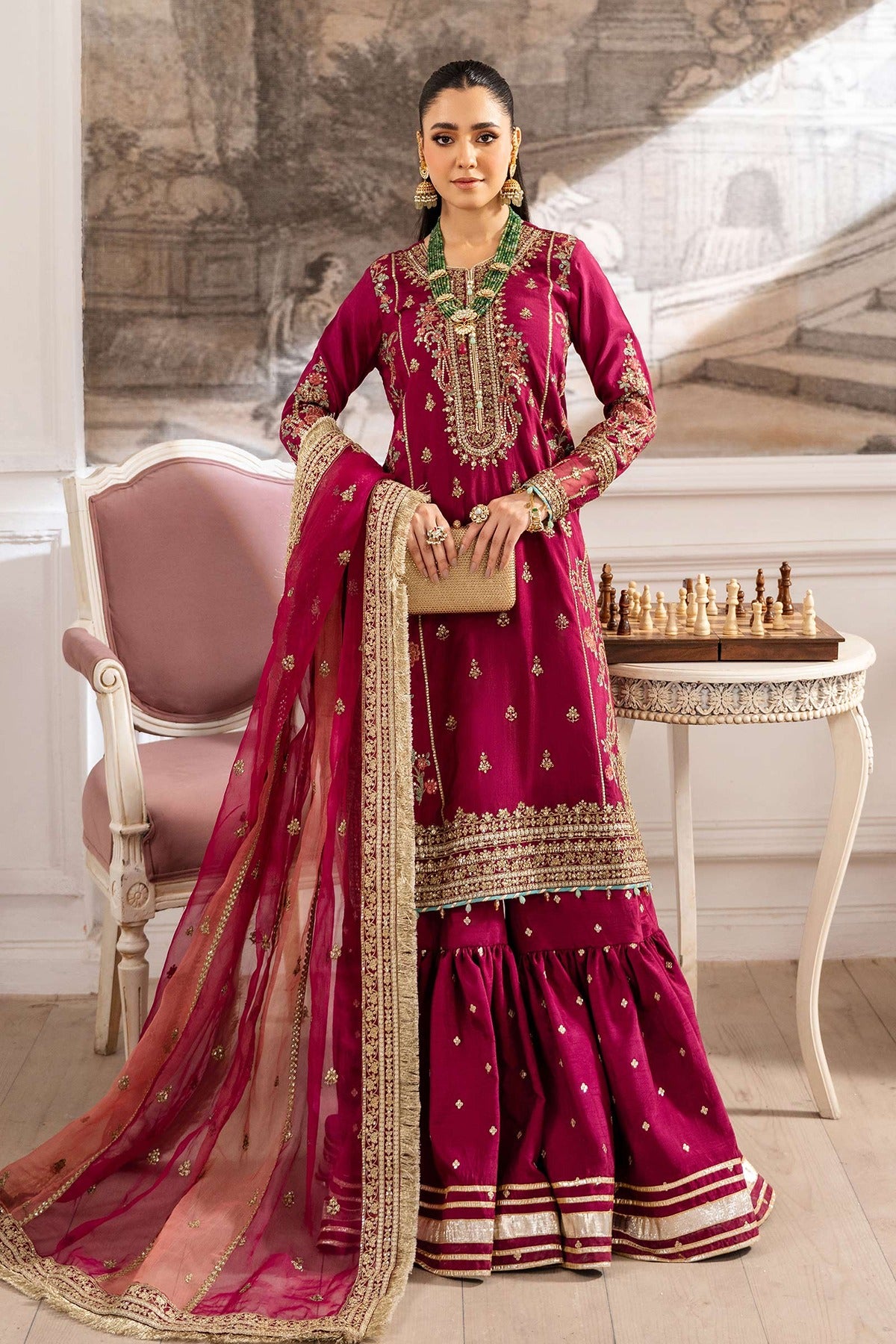 MARIA B | LUXURY FORMALS |  3 PIECE EMBROIDERED RAW SILK SUIT | SF-EA25-02-PINK