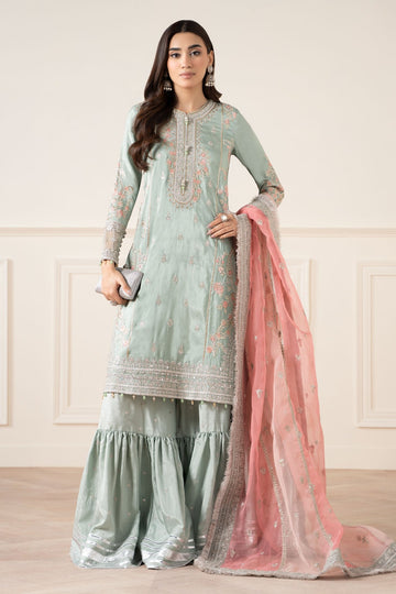 MARIA B | LUXURY FORMALS | 3 PIECE EMBROIDERED RAW SILK SUIT | SF-EA25-02-SEA GREEN