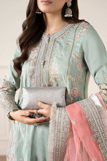 MARIA B | LUXURY FORMALS | 3 PIECE EMBROIDERED RAW SILK SUIT | SF-EA25-02-SEA GREEN