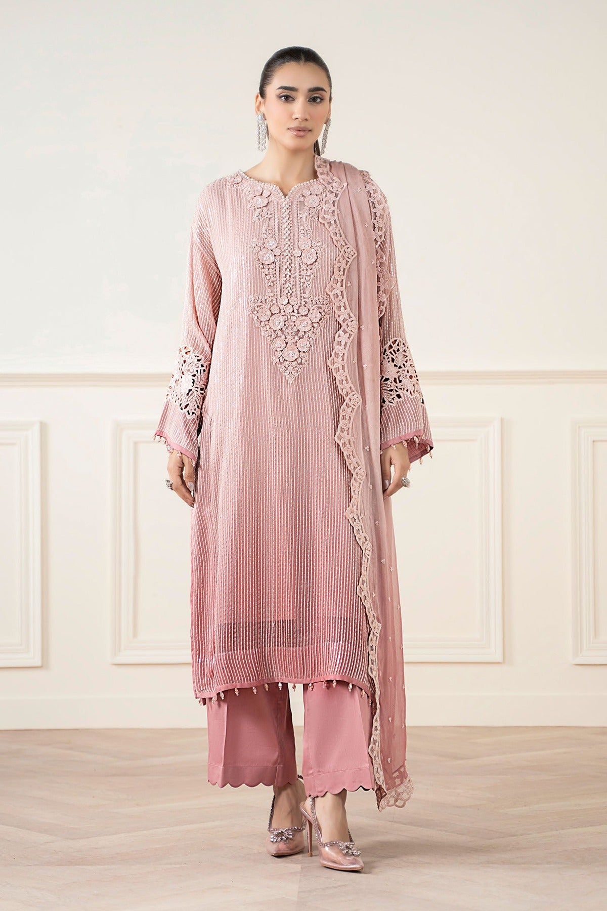 MARIA B | LUXURY FORMALS | 3 PIECE EMBROIDERED CHIFFON SUIT | SF-EA25-03-PINK