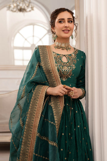 MARIA B | LUXURY FORMALS | 3 PIECE EMBROIDERED RAW SILK SUIT | SF-EA25-04-GREEN