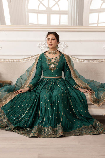 MARIA B | LUXURY FORMALS | 3 PIECE EMBROIDERED RAW SILK SUIT | SF-EA25-04-GREEN