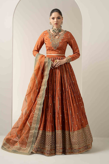 MARIA B | LUXURY FORMALS | 3 PIECE EMBROIDERED RAW SILK SUIT | SF-EA25-04-RUST
