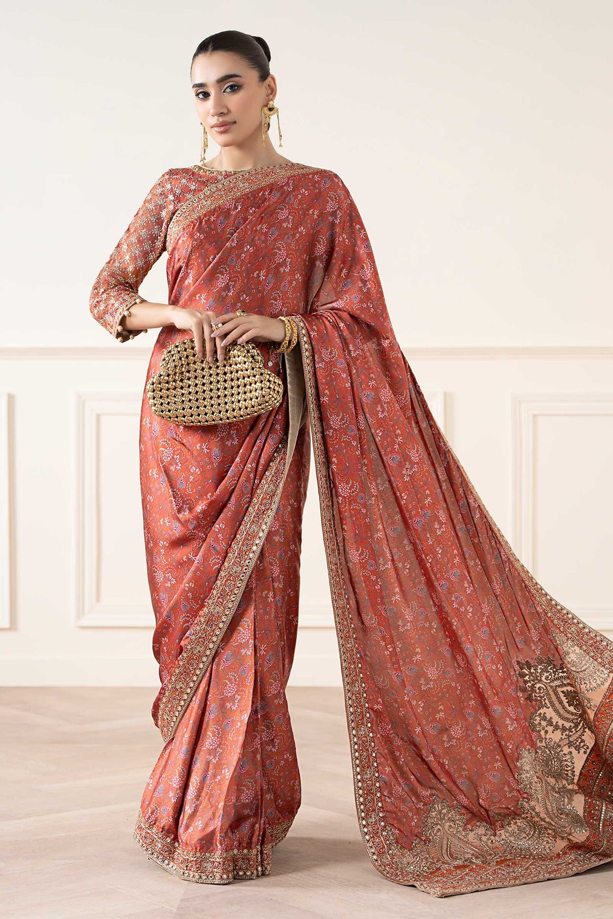 MARIA B | LUXURY FORMALS | EMBROIDERED SILK SAREE | SF-EA25-12-RUST