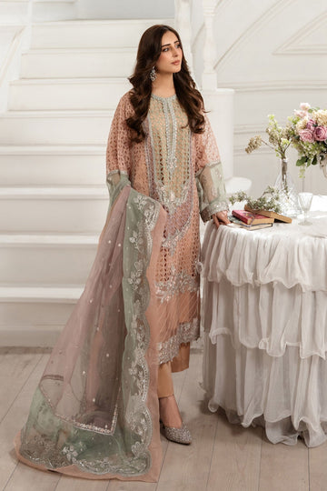 MARIA B | LUXURY FORMALS | 3 PIECE EMBROIDERED ORGANZA SUIT | SF-EF25-10-PEACH