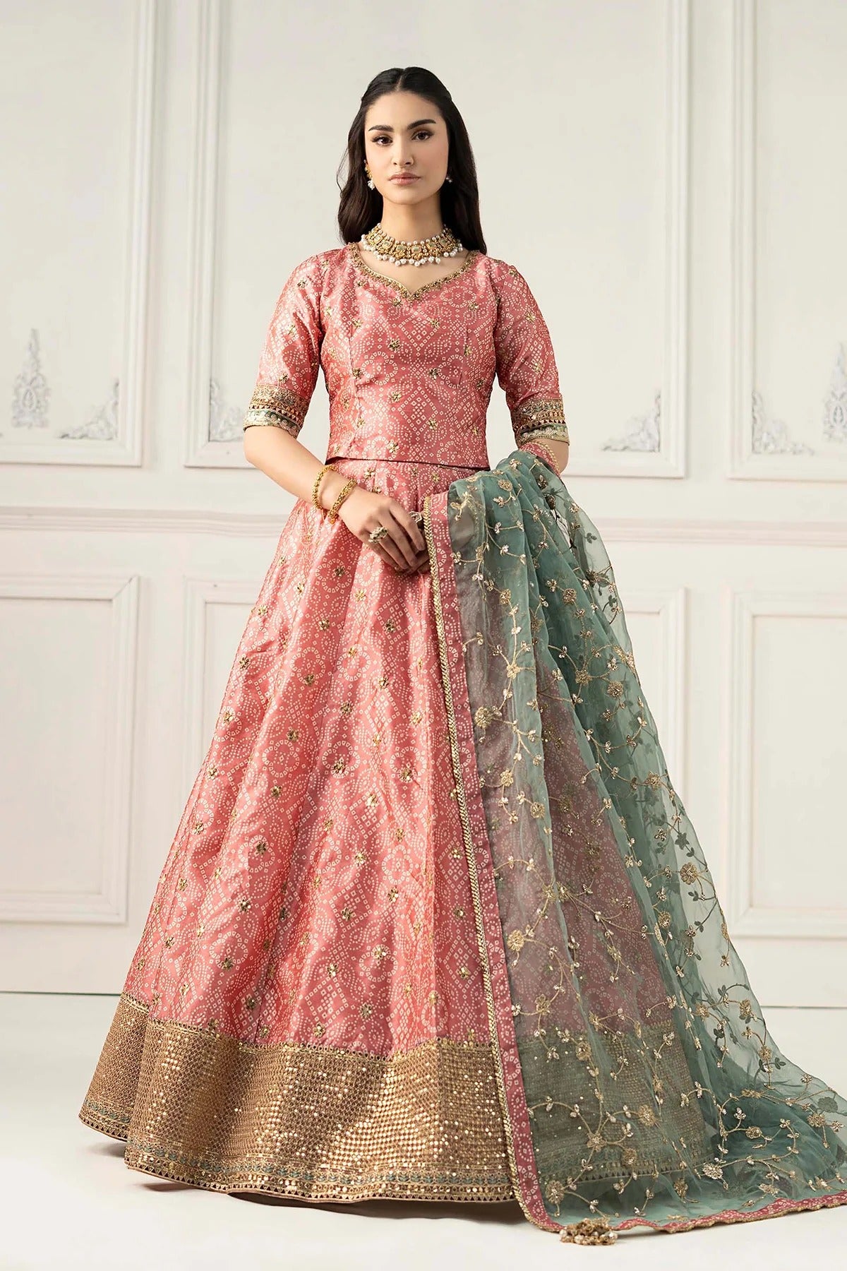 MARIA B | LUXURY FORMALS | EMBROIDERED RAW SILK SUIT | SF-EF25-11-CORAL