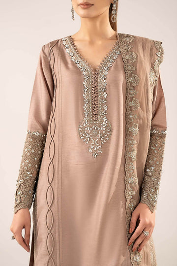 MARIA B | EID COLLECTION FORMALS | 3 PIECE EMBROIDERED RAW SILK SUIT | SF-EF26-26-COFFEE