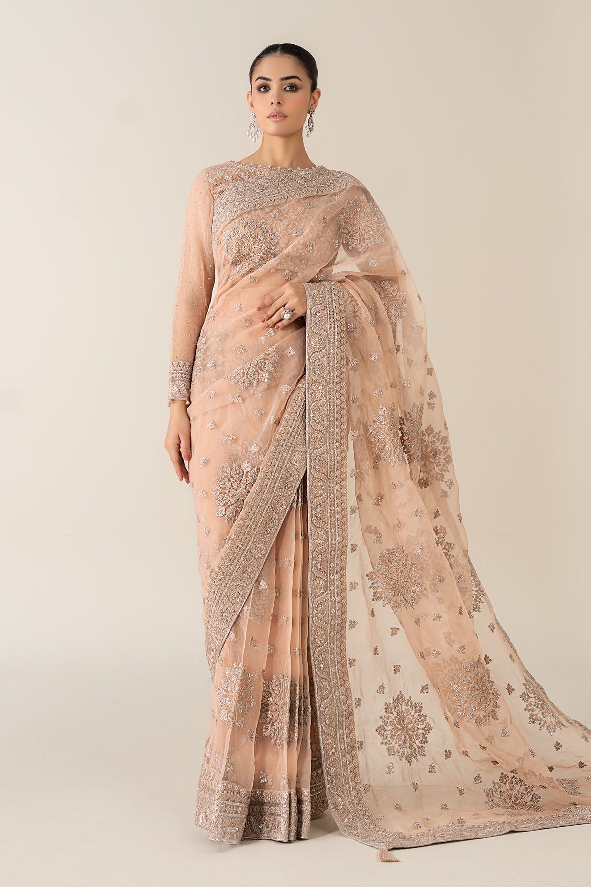 MARIA B | LUXURY FORMALS | EMBROIDERED ORGANZA SAREE | SF-PF25-14-PEACH