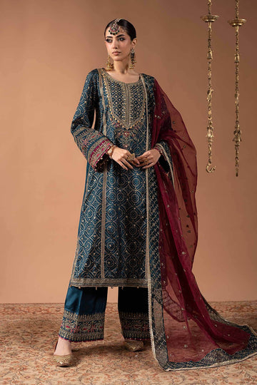 MARIA B | LUXURY FORMALS | 3 PIECE EMBROIDERED RAW SILK SUIT | SF-W25-08R1-TEAL