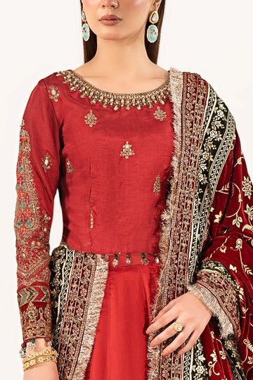 MARIA B | LUXURY FORMALS | 3 PIECE EMBROIDERED RAW SILK SUIT | SF-W25-31-RED