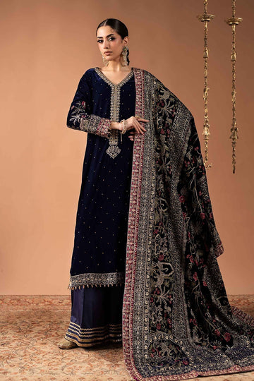 MARIA B | LUXURY FORMALS | 3 PIECE EMBROIDERED VELVET SUIT | SF-W26-06-BLUE