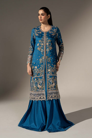 MARIA B | LUXURY FORMALS | 3 PIECE EMBROIDERED TASSEL SILK SUIT | SF-W26-24-BLUE