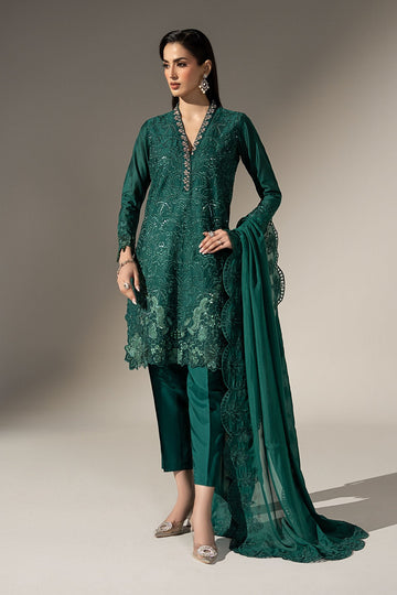 MARIA B | LUXURY FORMALS | 3 PIECE EMBROIDERED BLACK WARP SILK SUIT | SF-W26-70-GREEN