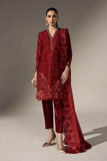 MARIA B | LUXURY FORMALS | 3 PIECE EMBROIDERED BLACK WARP SILK SUIT | SF-W26-70-RED