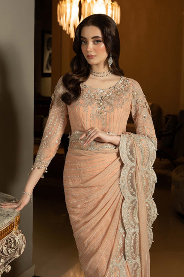 MARIA B | LUXURY FORMALS | EMBROIDERED CHIFFON SAREE | SF-EF25-38-PEACH