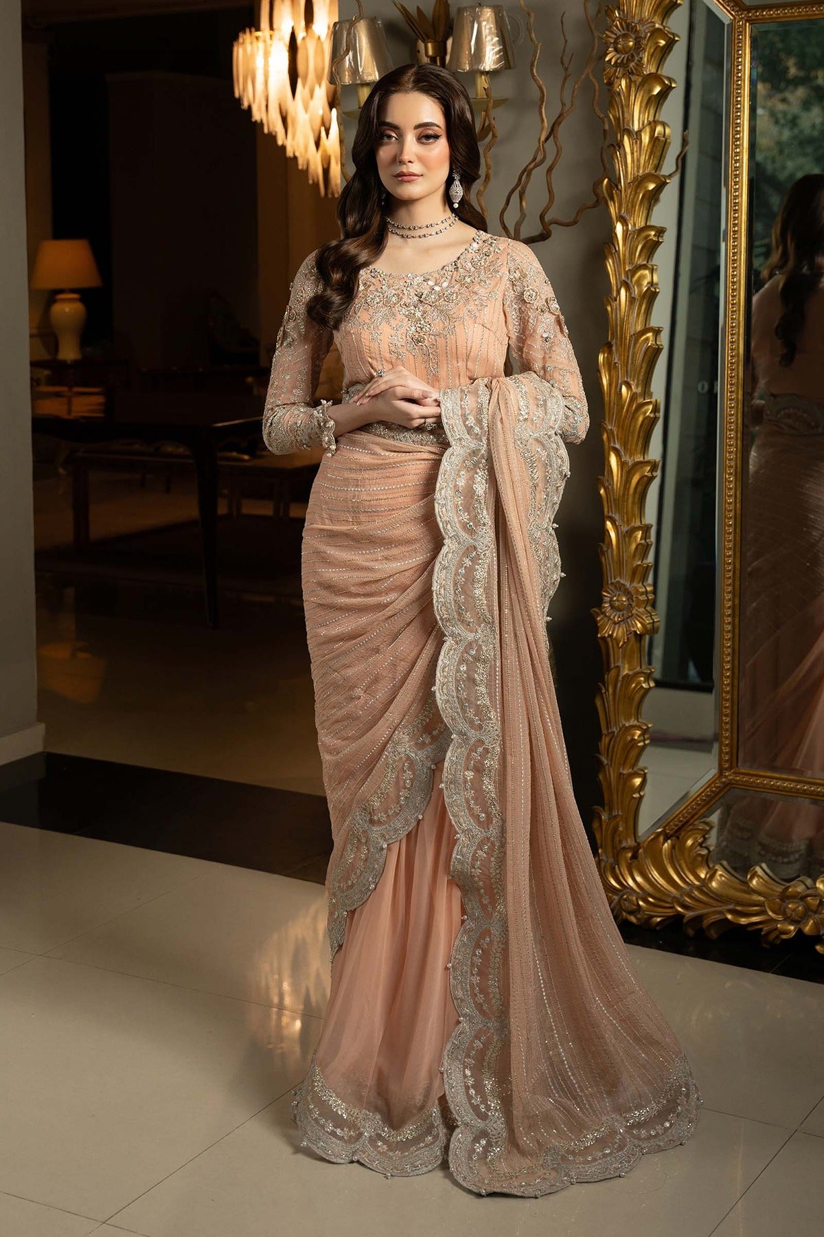 MARIA B | LUXURY FORMALS | EMBROIDERED CHIFFON SAREE | SF-EF25-38-PEACH