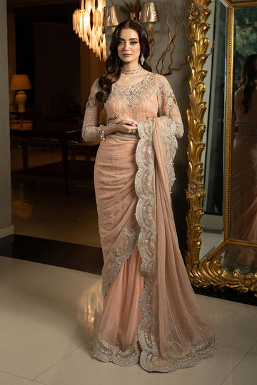 MARIA B | LUXURY FORMALS | EMBROIDERED CHIFFON SAREE | SF-EF25-38-PEACH