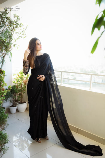 SAAD IBRAHIM | SAREES | SOLID BLACK HAND EMBELLISHED SAREE