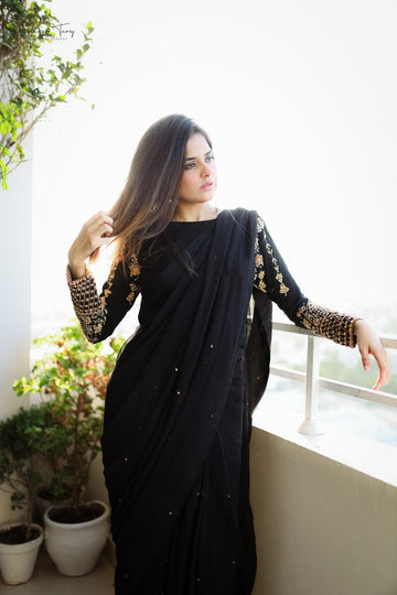 SAAD IBRAHIM | SAREES | SOLID BLACK HAND EMBELLISHED SAREE