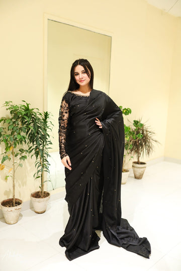 SAAD IBRAHIM | SAREES | SOLID BLACK HAND EMBELLISHED SAREE