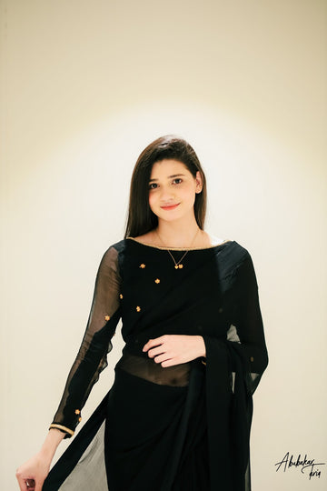 SAAD IBRAHIM | SAREES | SOLID BLACK CHIFFON SAREE WITH HAND EMBELLISHED