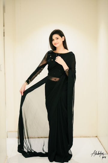 SAAD IBRAHIM | SAREES | SOLID BLACK CHIFFON SAREE WITH HAND EMBELLISHED