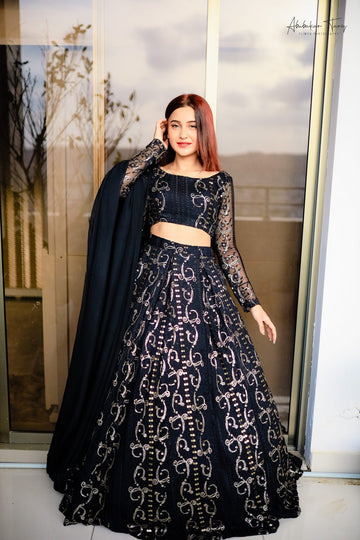 SAAD IBRAHIM | LEHENGA CHOLI | SOLID BLACK CHIKANKARI LEHENGA CHOLI
