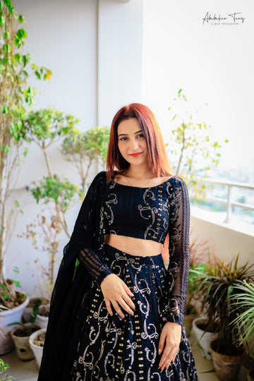 SAAD IBRAHIM | LEHENGA CHOLI | SOLID BLACK CHIKANKARI LEHENGA CHOLI
