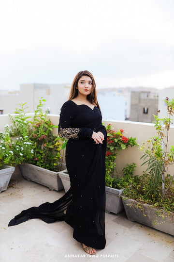 SAAD IBRAHIM | SAREES | SOLID BLACK HAND EMBELLISHED SAREE