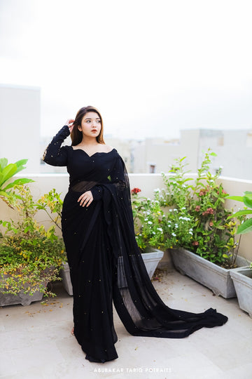 SAAD IBRAHIM | SAREES | SOLID BLACK HAND EMBELLISHED SAREE