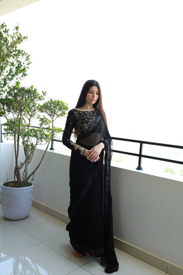 SAAD IBRAHIM | SAREES | SOLID BLACK HAND EMBELLISHED SAREE