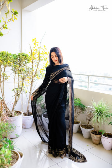 SAAD IBRAHIM | SAREES | SOLID BLACK HAND EMBELLISHED SAREE