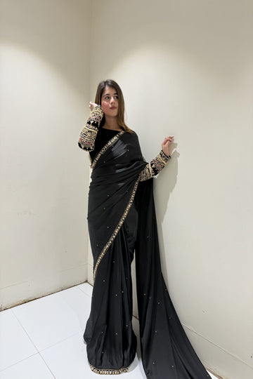 SAAD IBRAHIM | SAREES | SOLID BLACK HAND EMBELLISHED SAREE WITH VELVET BLOUSE