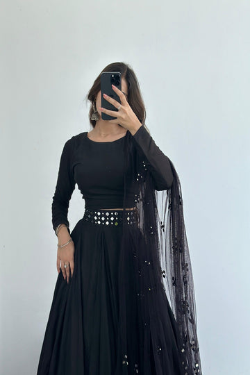 SAAD IBRAHIM | LEHENGA CHOLI | SOLID BLACK MIRROR EMBELLISHED LEHENGA CHOLI