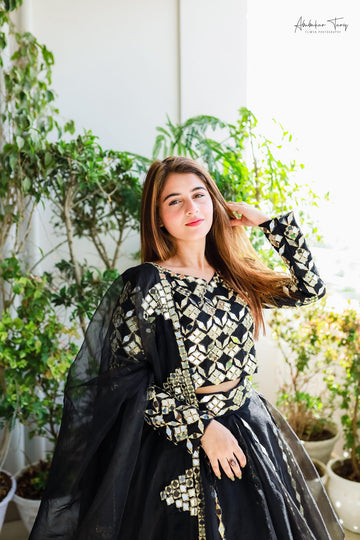 SAAD IBRAHIM | LEHENGA CHOLI | SOLID BLACK MIRROR EMBELLISHED LEHENGA CHOLI WITH DUPATTA