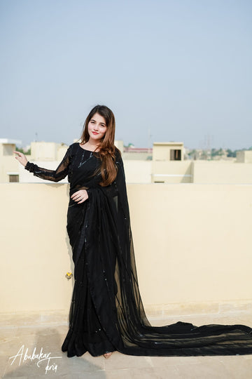 SAAD IBRAHIM | SAREES | SOLID BLACK SAREE WITH HAND EMBELLISHED SEQUINS WORK