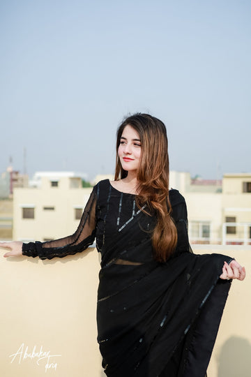 SAAD IBRAHIM | SAREES | SOLID BLACK SAREE WITH HAND EMBELLISHED SEQUINS WORK