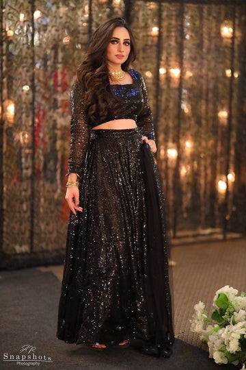 SAAD IBRAHIM | LEHENGA CHOLI | SOLID BLACK SEQUINS LEHENGA CHOLI SET