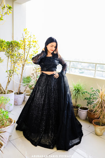 SAAD IBRAHIM | LEHENGA CHOLI | SOLID BLACK SEQUINS LEHENGA CHOLI WITH DUPATTA