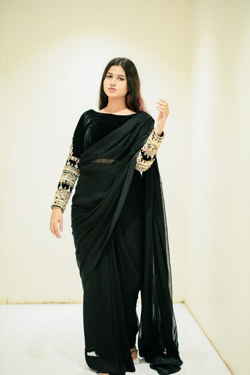 SAAD IBRAHIM | SAREES | SOLID BLACK VELVET BLOUSE WITH CHIFFON SAREE
