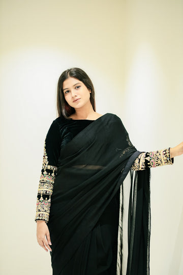 SAAD IBRAHIM | SAREES | SOLID BLACK VELVET BLOUSE WITH CHIFFON SAREE