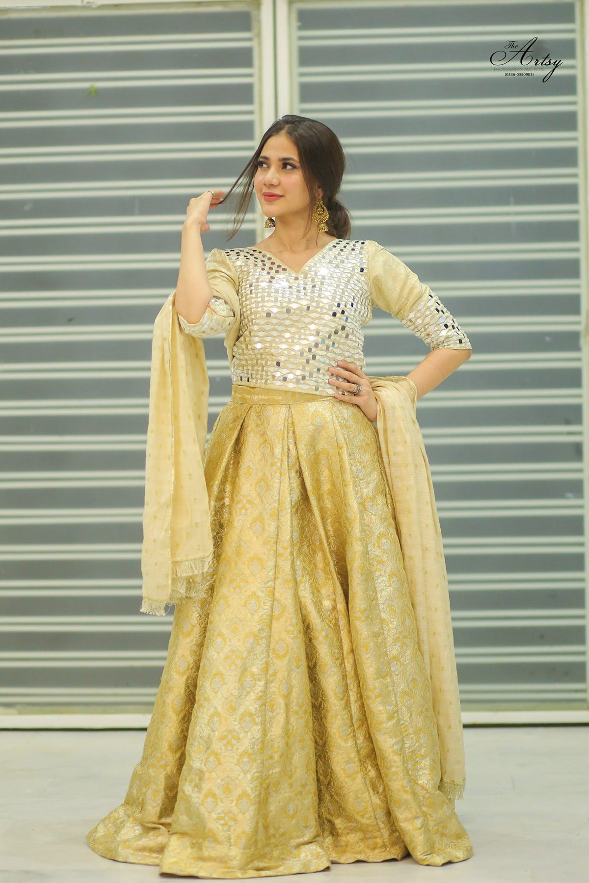 SAAD IBRAHIM | LEHENGA CHOLI | SOLID GOLDEN MIRROR EMBELLISHED LEHENGA CHOLI SET WITH DUPATTA