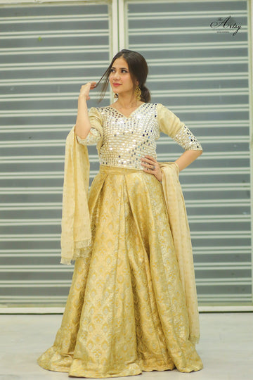 SAAD IBRAHIM | LEHENGA CHOLI | SOLID GOLDEN MIRROR EMBELLISHED LEHENGA CHOLI SET WITH DUPATTA