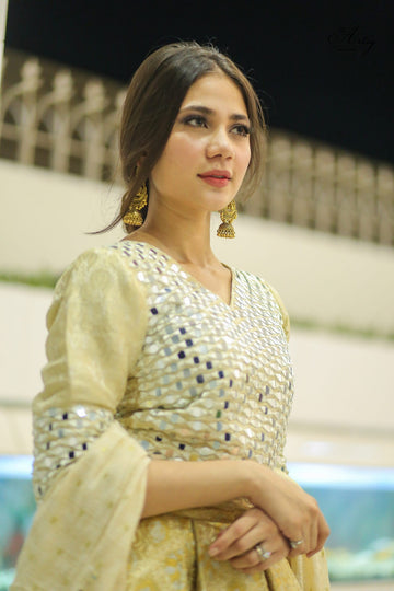 SAAD IBRAHIM | LEHENGA CHOLI | SOLID GOLDEN MIRROR EMBELLISHED LEHENGA CHOLI SET WITH DUPATTA