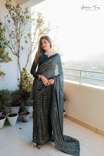 SAAD IBRAHIM | SAREES | SOLID GREEN CHIKANKARI SAREE