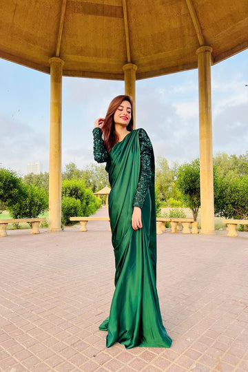 SAAD IBRAHIM | SAREES | SOLID GREEN EMBELLISHED PUFFED SLEEVES SAREE