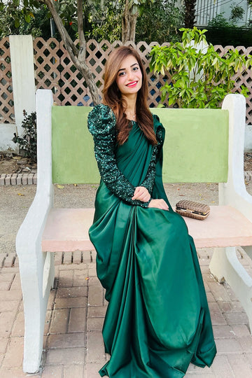 SAAD IBRAHIM | SAREES | SOLID GREEN EMBELLISHED PUFFED SLEEVES SAREE