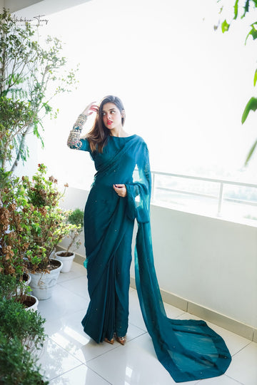 SAAD IBRAHIM | SAREES | SOLID GREEN HAND EMBELLISHED SAREE