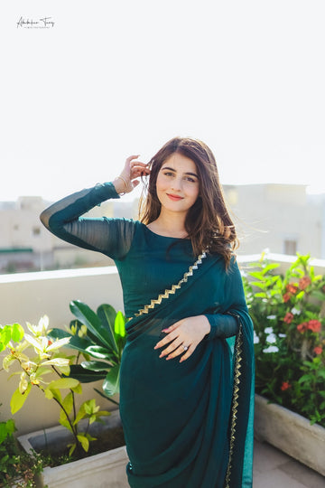 SAAD IBRAHIM | SAREES | SOLID GREEN HAND EMBELLISHED SAREE