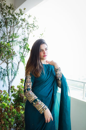 SAAD IBRAHIM | SAREES | SOLID GREEN HAND EMBELLISHED SAREE